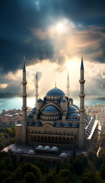 Arquitetura do edifício da mesquita com tempo nublado