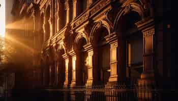 Foto grátis arquitetura gótica iluminada por luzes de rua ao entardecer geradas por ia