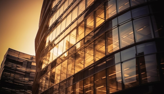 Foto grátis arranha-céu futurista reflete a vibrante vida da cidade ao entardecer gerada pela ia