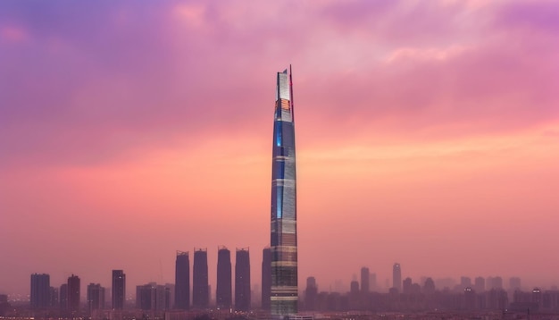 Foto grátis arranha-céus altos iluminam o horizonte da cidade moderna ao entardecer gerado por ia