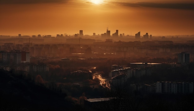 Arranha-céus brilhantes contra o panorama da silhueta do pôr do sol da paisagem urbana gerado pela IA