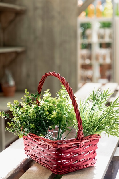 Arranjo com cesta vermelha com plantas