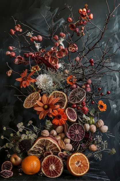 Foto grátis arranjo com frutas e legumes secos decorativos