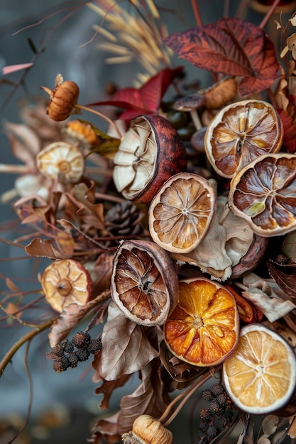 Arranjo com frutas e legumes secos decorativos