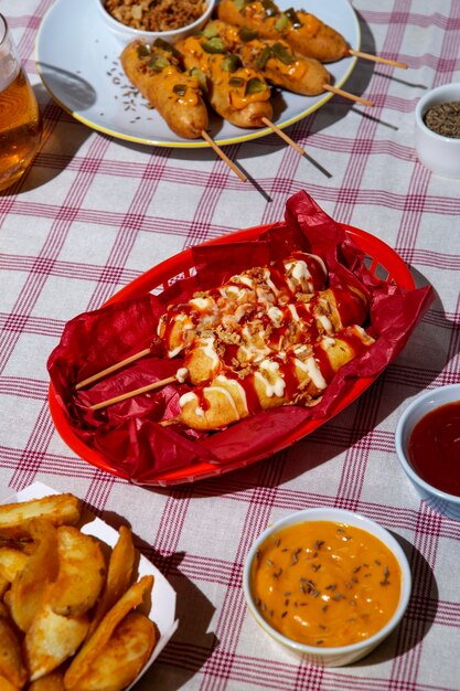 Arranjo de cachorros de milho deliciosos de alto ângulo