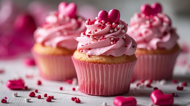 Foto grátis arranjo de cupcake do dia dos namorados com glacê rosa e granulado em forma de coração em um isolado branco