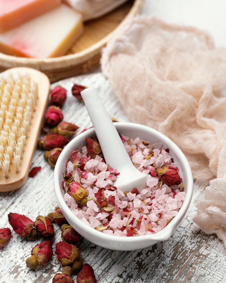 Foto grátis arranjo de flores e sal rosa
