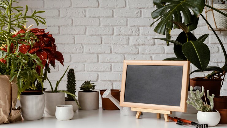 Foto grátis arranjo de jardim doméstico com quadro-negro