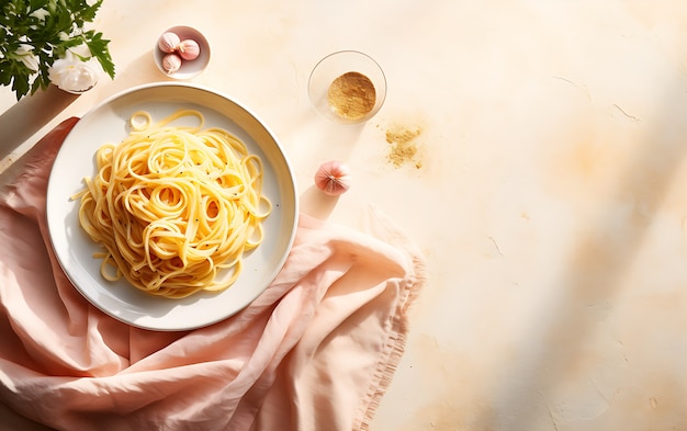 Foto grátis arranjo de macarrão delicioso com vista de cima