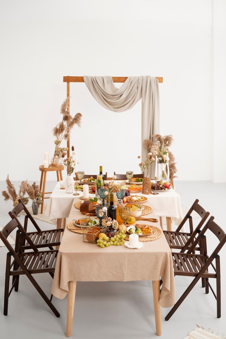 Foto grátis arranjo de mesa com comida para evento de casamento
