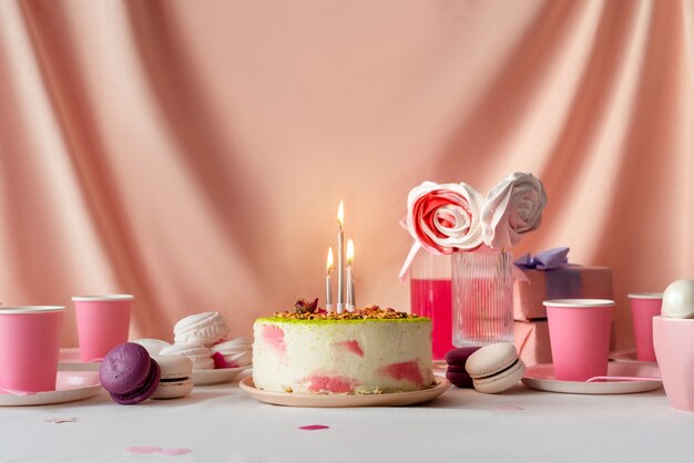 Arranjo de mesa para evento de aniversário com bolo e velas