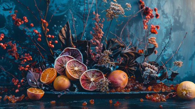 Foto grátis arranjo decorativo com frutas secas e flores