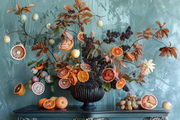 Arranjo decorativo com frutas secas e flores