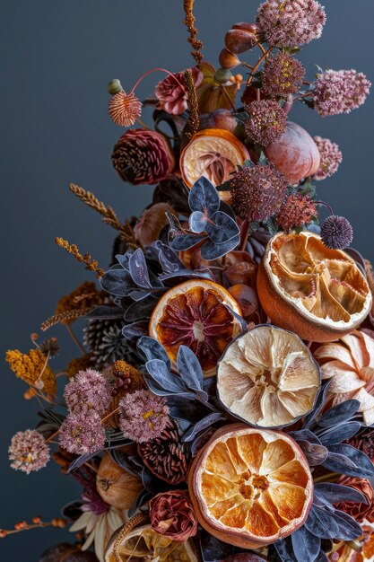 Arranjo decorativo com frutas secas e flores