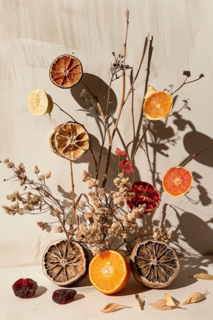 Foto grátis arranjo decorativo com frutas secas e flores