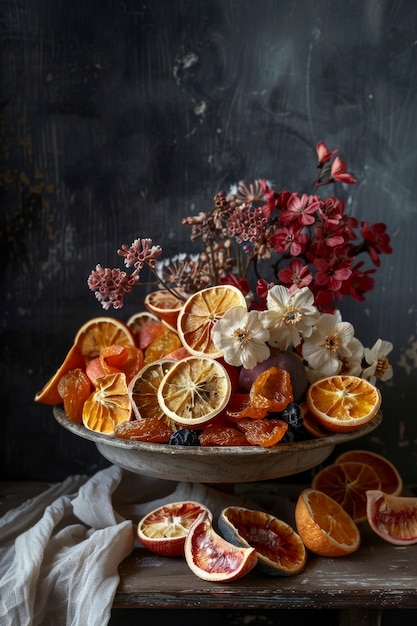 Arranjo decorativo com frutas secas e flores