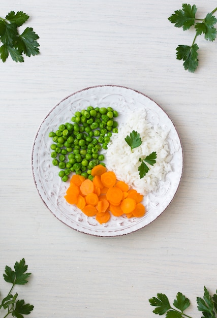 Arroz cozido com legumes e salsa no prato