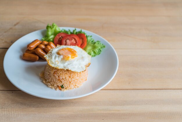 arroz frito com salsicha e ovo frito
