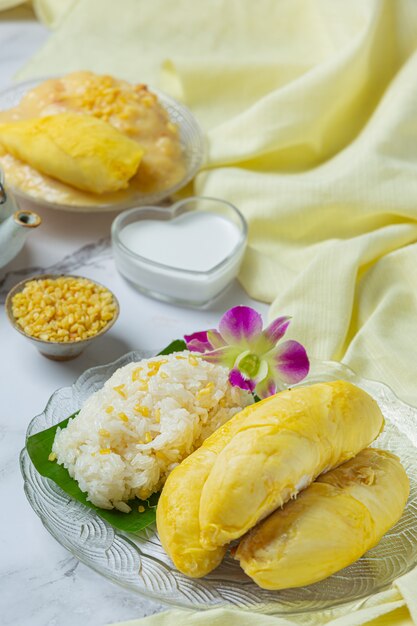 Arroz pegajoso doce tailandês com durian em uma sobremesa.