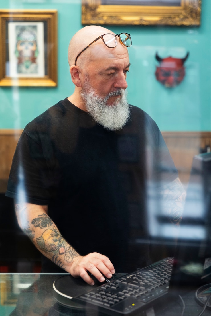 Foto grátis artista de tatuagem experiente a trabalhar na tatuagem do cliente