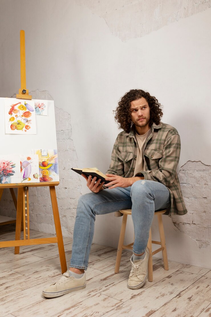 Foto grátis artista masculino pintando em estúdio com aquarelas
