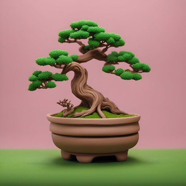 árvore bonsai em vaso em fundo verde renderização 3d