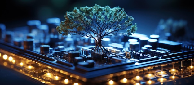 Foto grátis Árvore crescendo na placa de circuito do computador imagem conceitual de árvore crescendo na placa-mãe