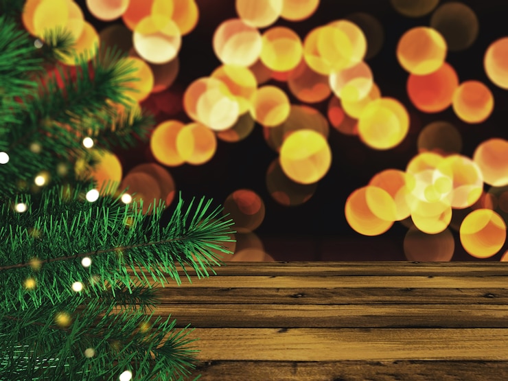 Foto grátis árvore de natal 3d contra uma mesa de madeira e luzes de bokeh