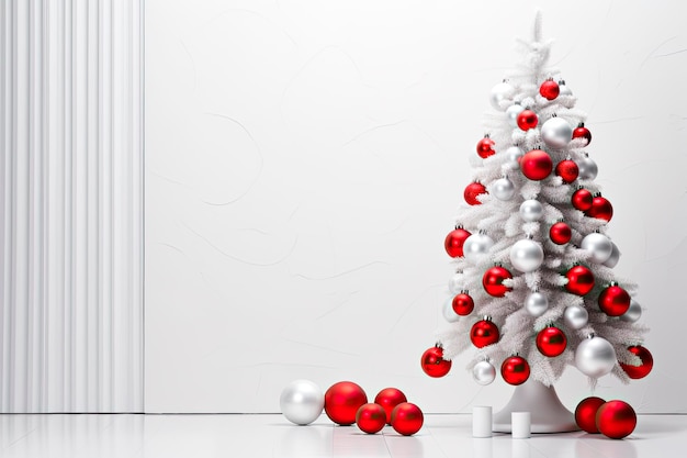 Foto grátis Árvore de natal branca decorada com bolas de natal vermelhas em fundo branco fundo de natal