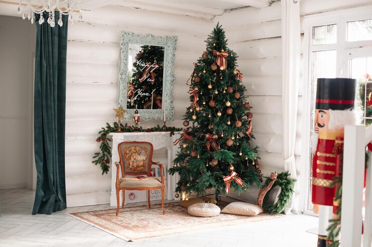 Foto grátis árvore de natal elegante interior de ano novo decoração bonita na casa
