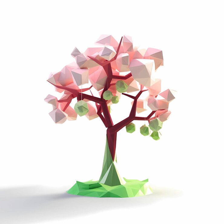 Foto grátis árvore lowpoly3d abstrata com frutas em um fundo branco