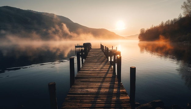 Foto grátis Árvore tranquila no cais ao nascer do sol refletida gerada por ia