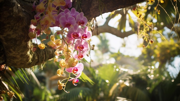 Foto grátis Árvore tropical imponente com orquídeas vibrantes