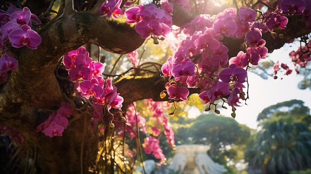 Foto grátis Árvore tropical imponente com orquídeas vibrantes