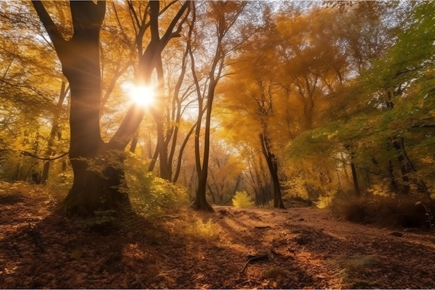 Foto grátis Árvores folhosas de folha caduca na floresta com atmosfera de luz solar dourada generativa ai