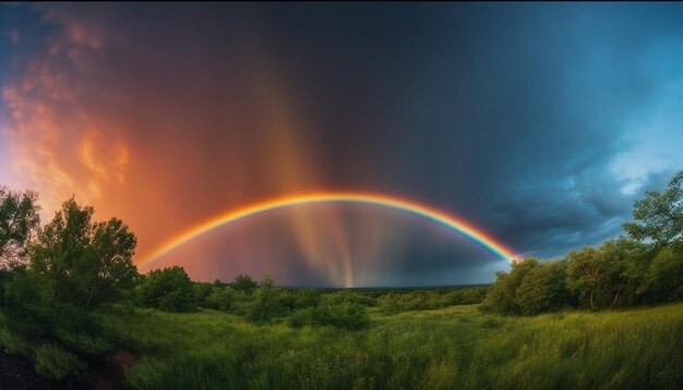 As cores vibrantes do arco-íris iluminam o majestoso céu escuro gerado pela IA