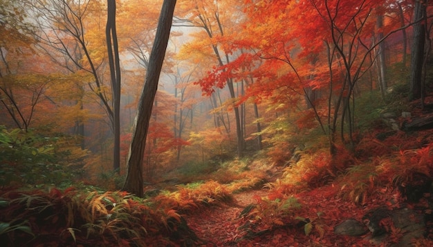 As cores vibrantes do outono pintam a paisagem florestal tranquila gerada pela IA