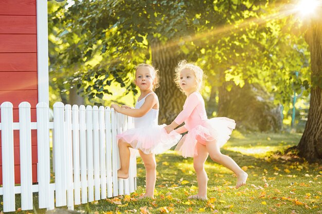 As duas meninas no parquinho contra o parque ou a floresta verde