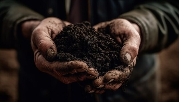 As mãos ásperas do fazendeiro seguram novos começos de vida ao ar livre gerados pela IA