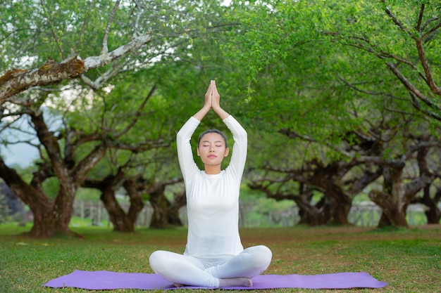 As mulheres estão jogando yoga no parque