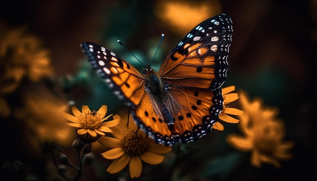 Foto grátis asa de borboleta vibrante em pétala de flor amarela gerada por ia