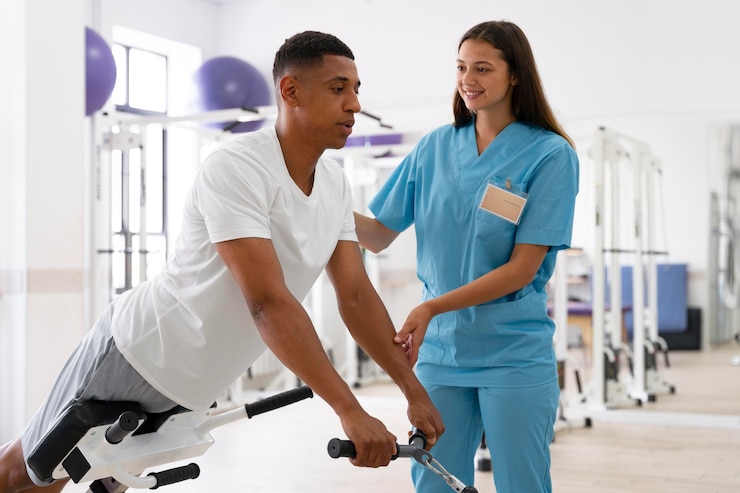 Foto grátis assistente médico ajudando paciente com exercícios de fisioterapia