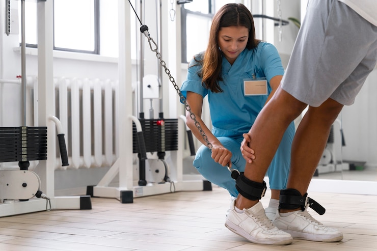 Foto grátis assistente médico ajudando paciente com exercícios de fisioterapia