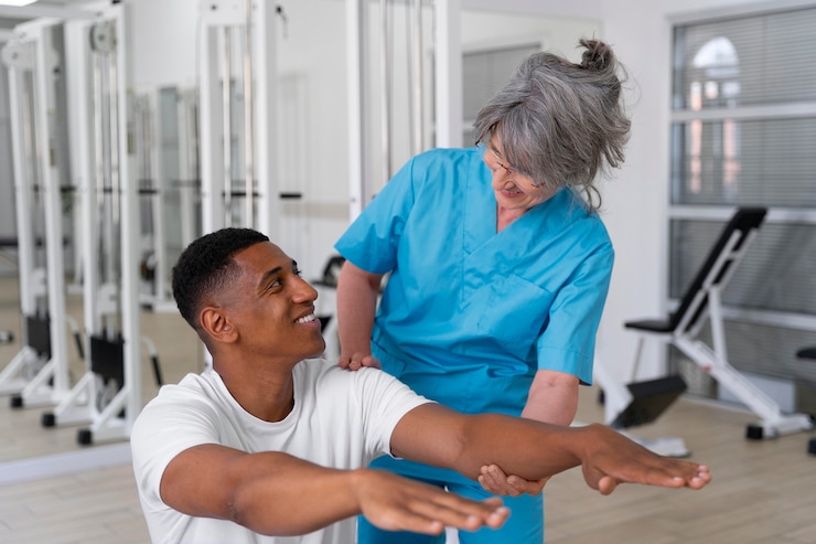 Foto grátis assistente médico ajudando paciente com exercícios de fisioterapia