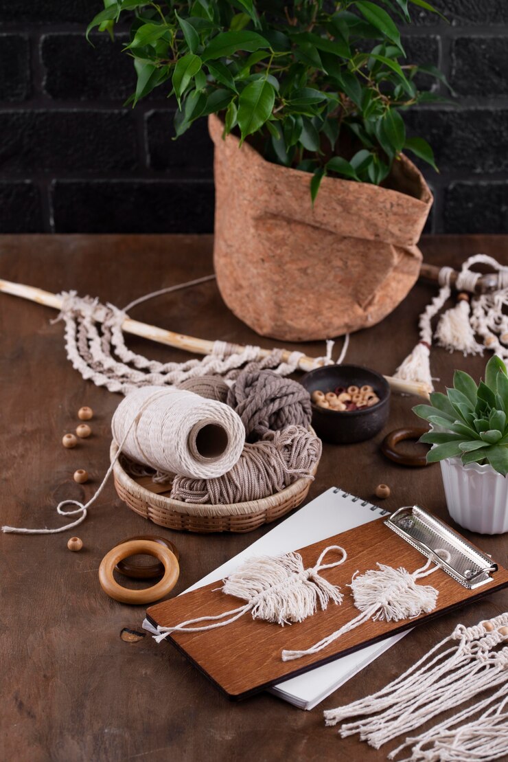 Foto grátis assortimento de macrame boho em ambientes fechados