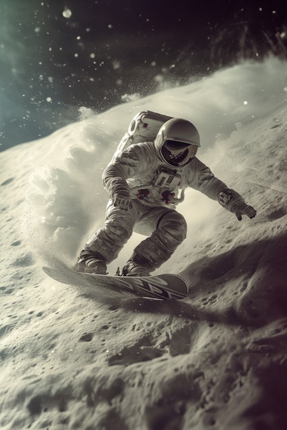 Foto grátis astronauta com fato espacial a praticar snowboard na lua