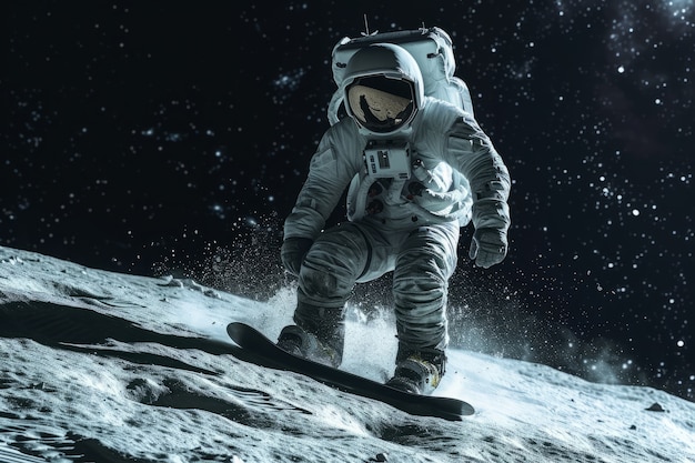 Foto grátis astronauta com fato espacial a praticar snowboard na lua