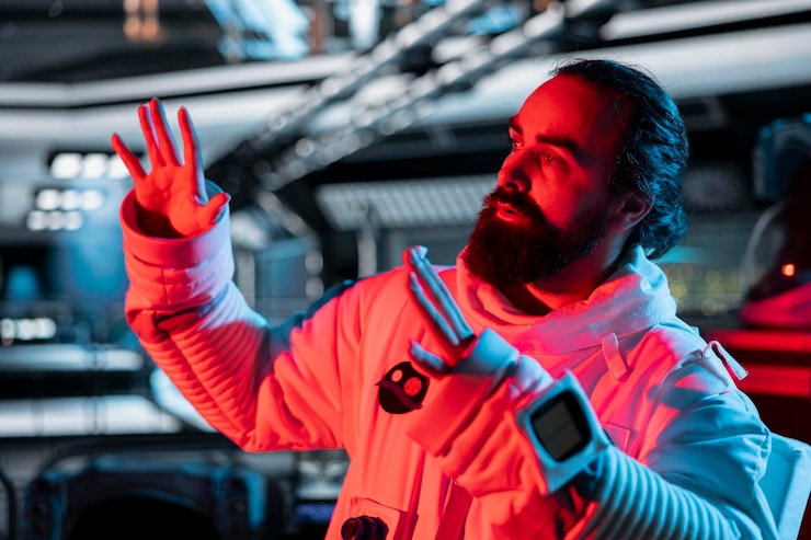 Foto grátis astronauta levanta a mão defensivamente depois de ativar o alerta de movimento de luz vermelha