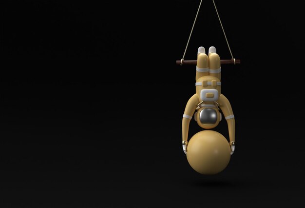 Astronauta pendurado na corda com bola de estabilidade fazendo exercícios ilustração de renderização 3d