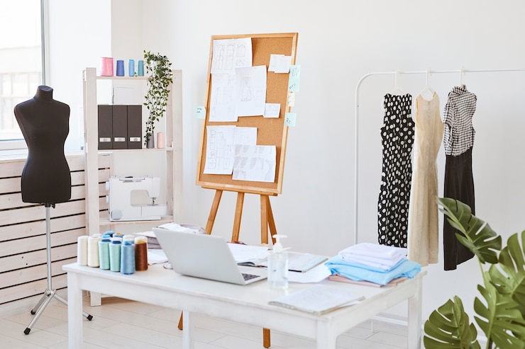 Foto grátis ateliê de moda com quadro de ideias e mesa com linha de roupas